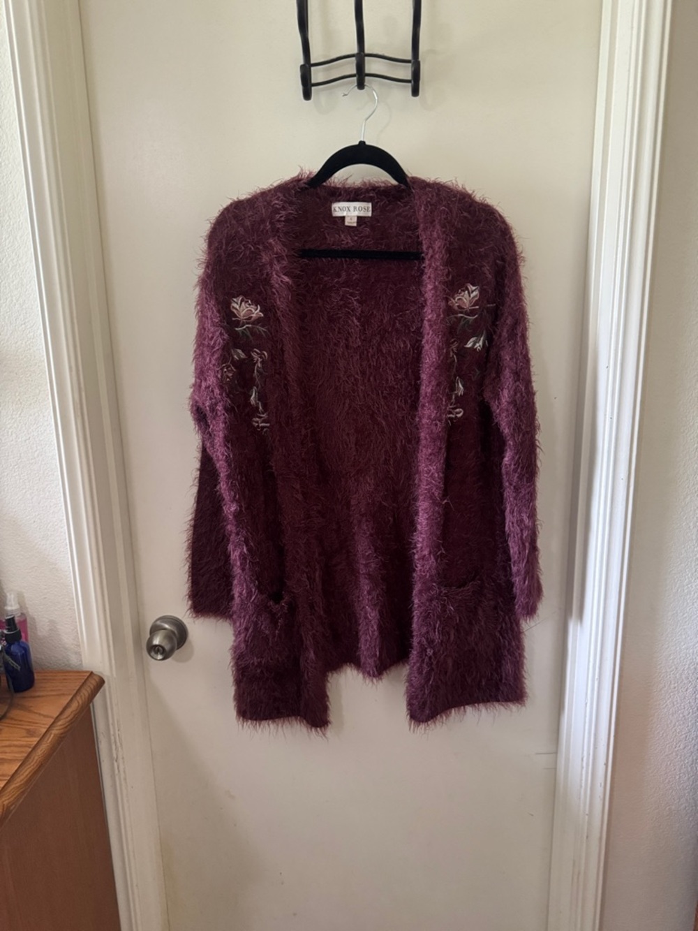 Knox Rose Plum Fuzzy Open Cardigan with Floral Embroidery size S